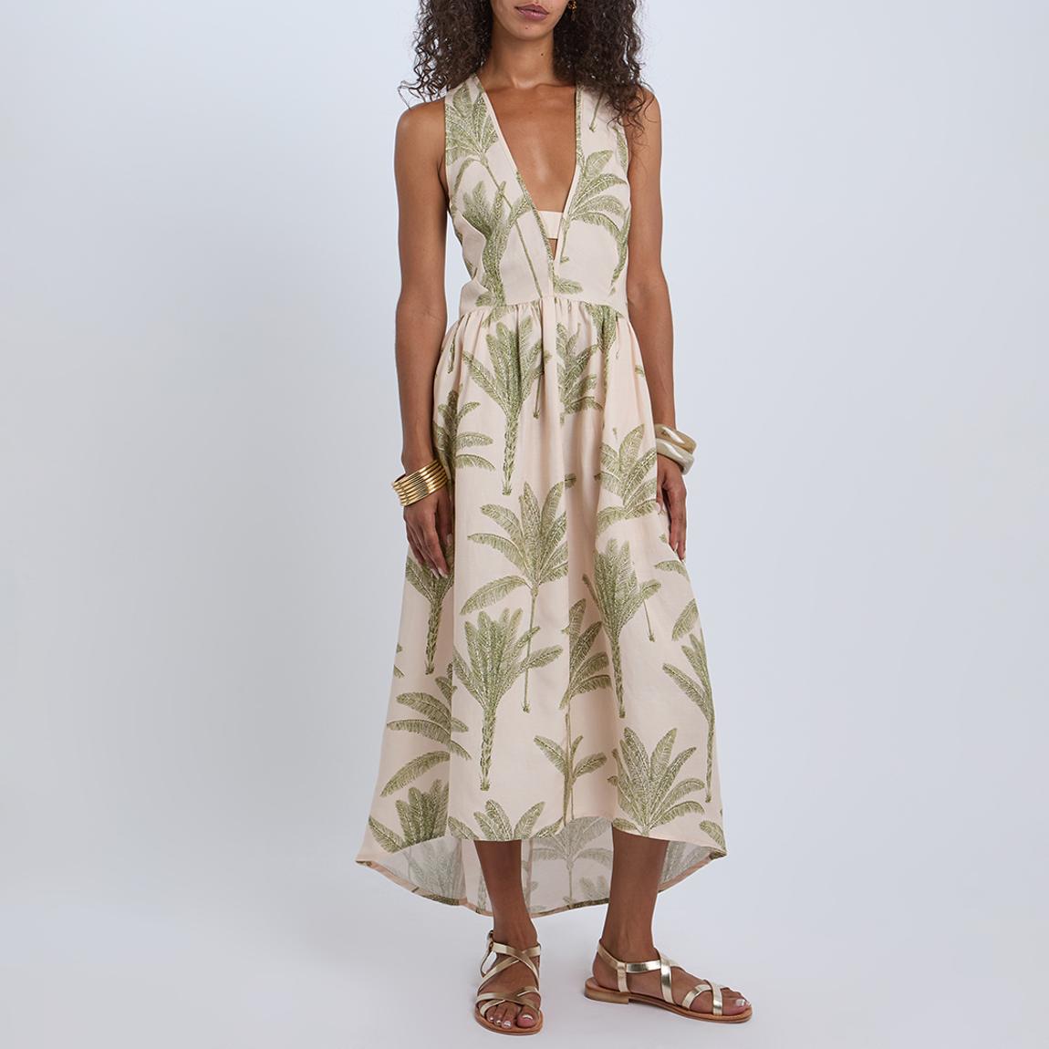 Neutral Leaf Print Anna Linen Midi Dress main product photo