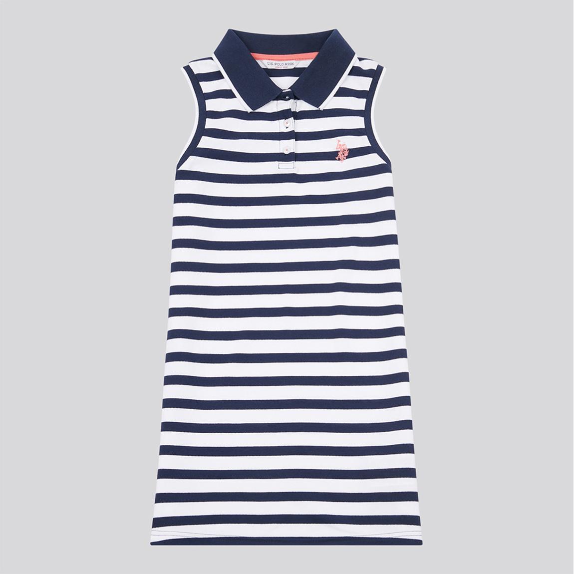 Girl's White/Navy Stripe Sleeveless Pique Polo Dress main product photo
