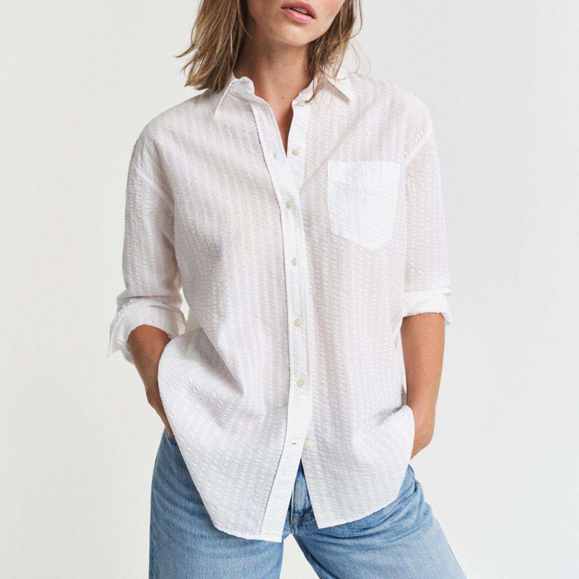 White Relaxed Tonal Striped Seersucker Shirt main product photo