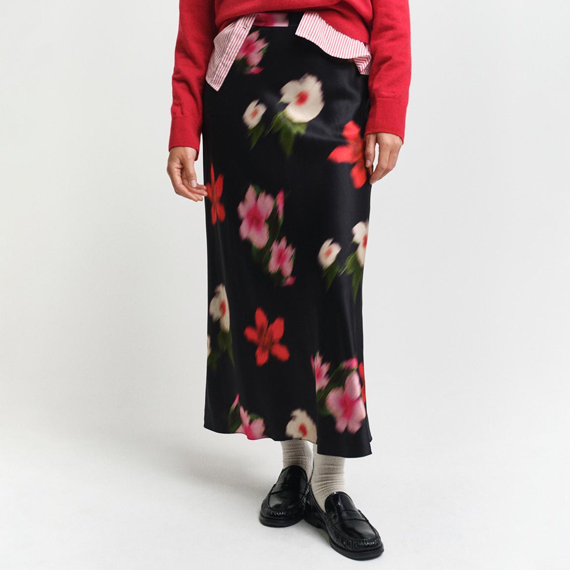 Black Floral Print A-Line Midi Skirt main product photo