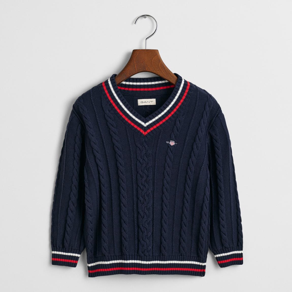 Navy Striped Cable Knit V-Neck Jumper main product photo
