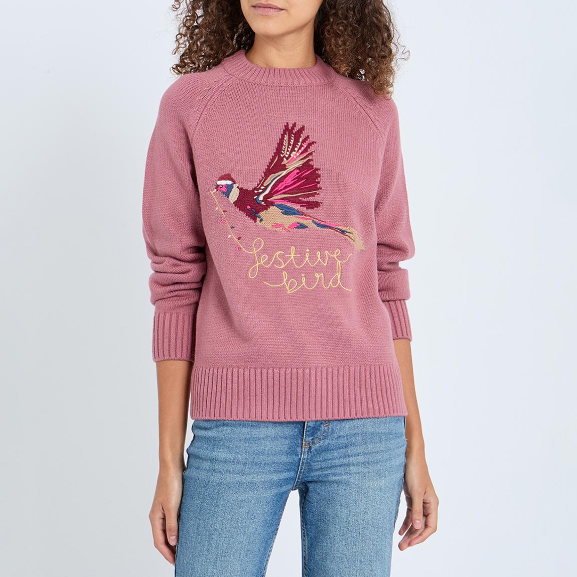Raspberry Pink Intarsia Festive Bird Knit Jumper main product photo