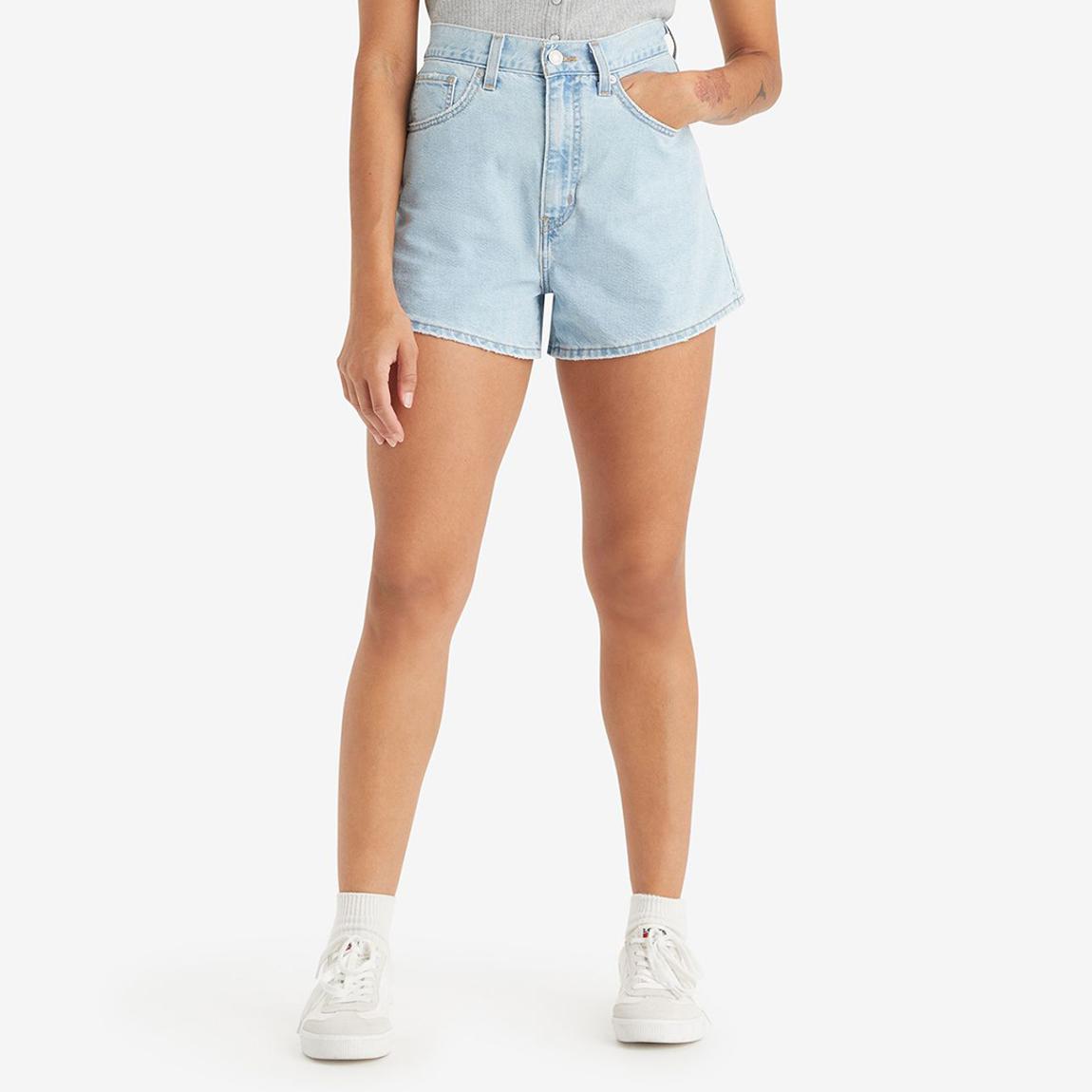 Light Blue High Waisted Cotton Blend Mom Shorts main product photo