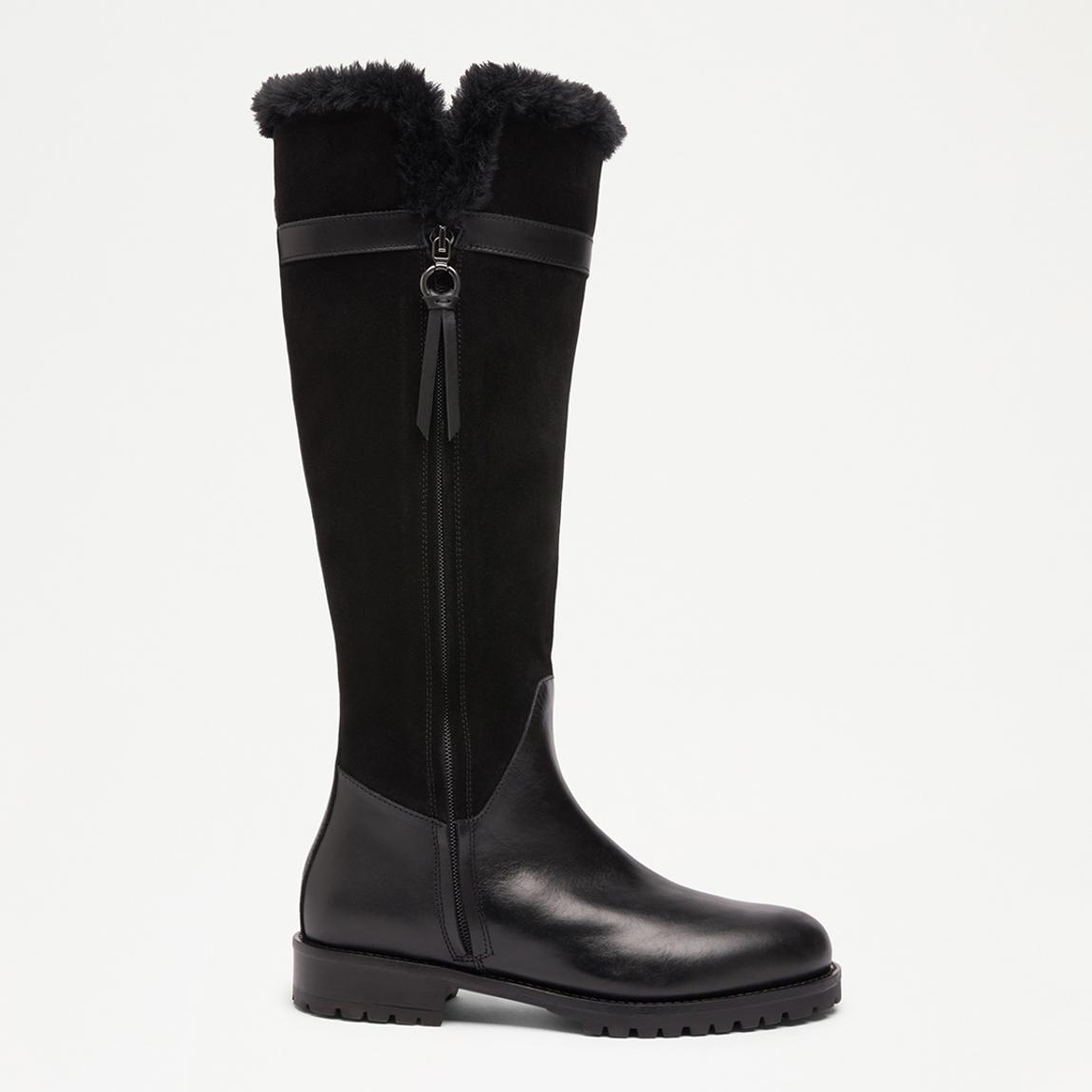 Women's Black Slopey Leather Flat Tall Boots main product photo