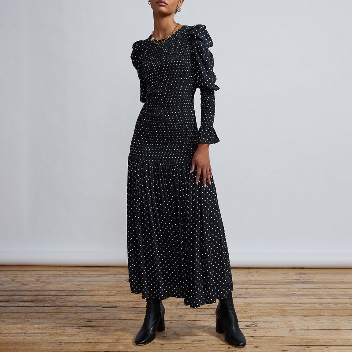 knee length dresses for ladies Brown | Polka Dot Double Frill Shirred Midi Dress