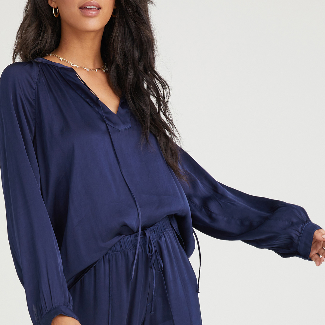 Blue Long Sleeve Tie Neck Blouse main product photo