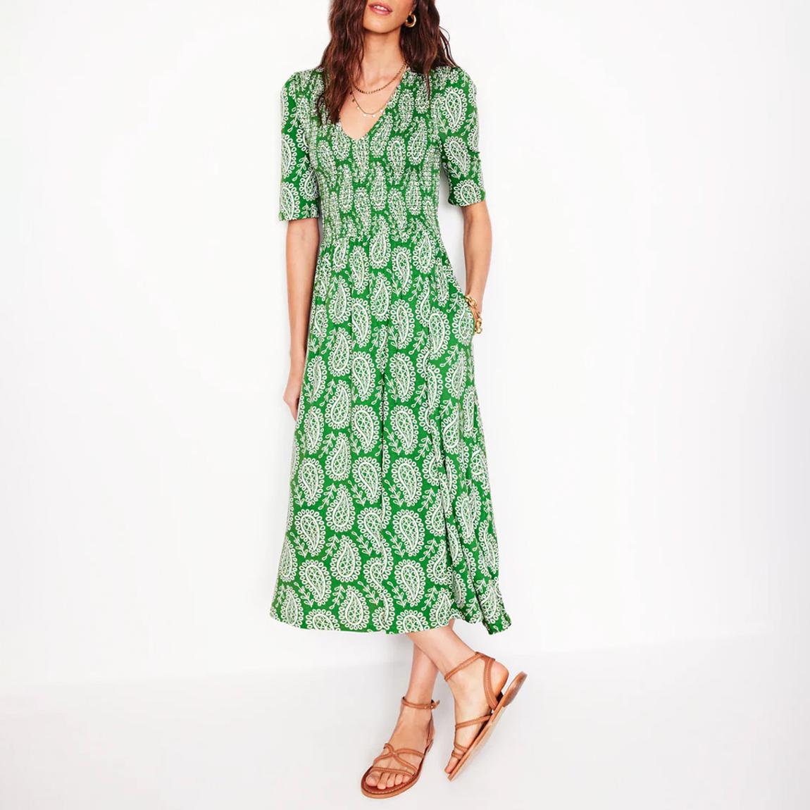 Green Printed Bethany Smocked Midi Dress main product photo