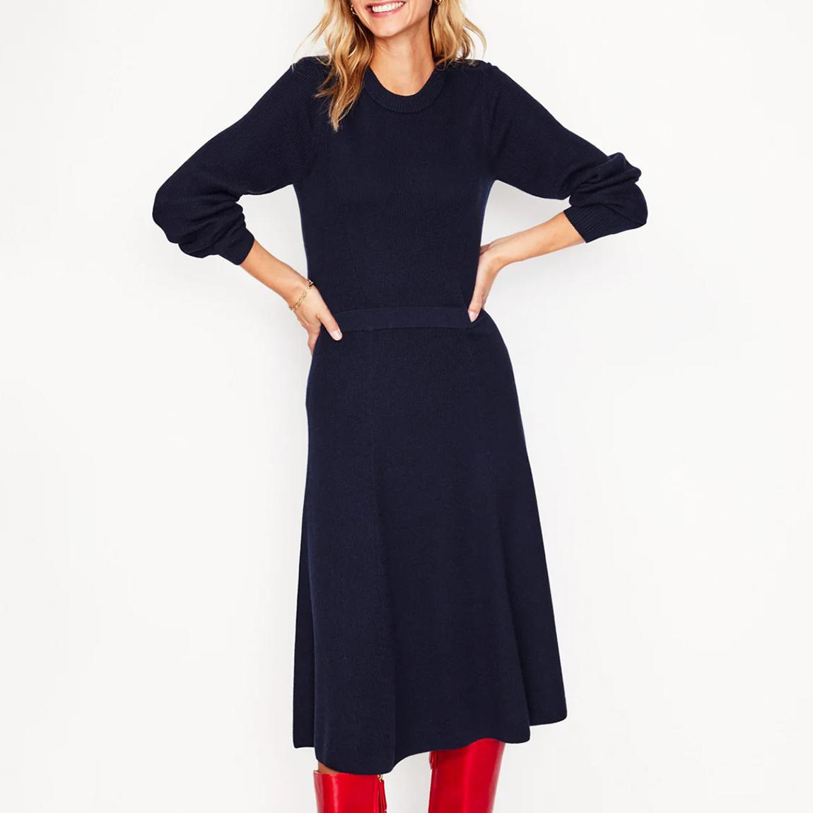 Navy Button Shoulder Knit Midi Dress main product photo
