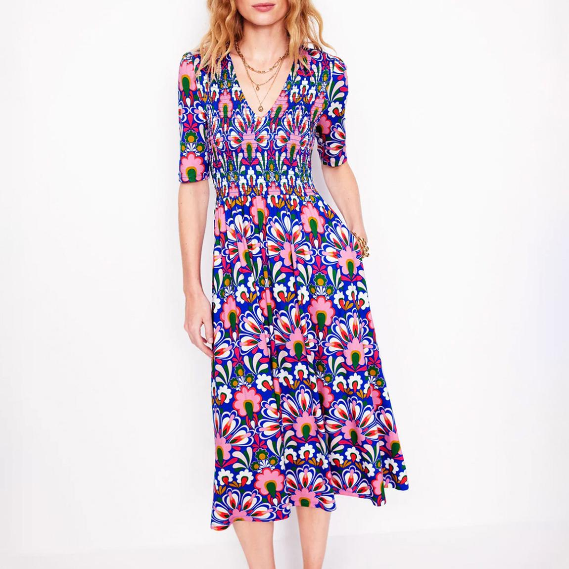 Multi Printed Bethany Smocked Midi Dress main product photo