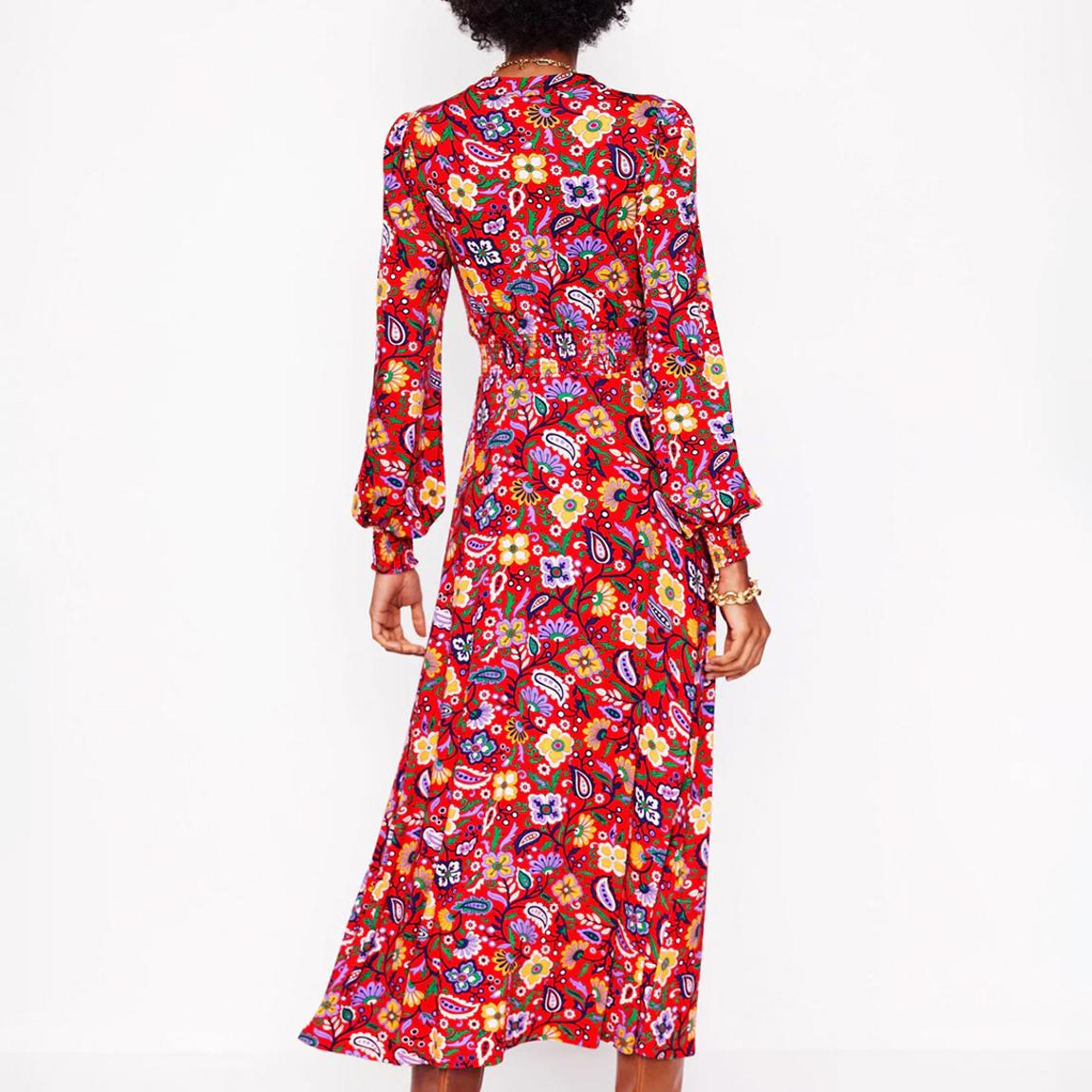 Boden Red/Multi Ivy Smocked Midi Dress - BrandAlley