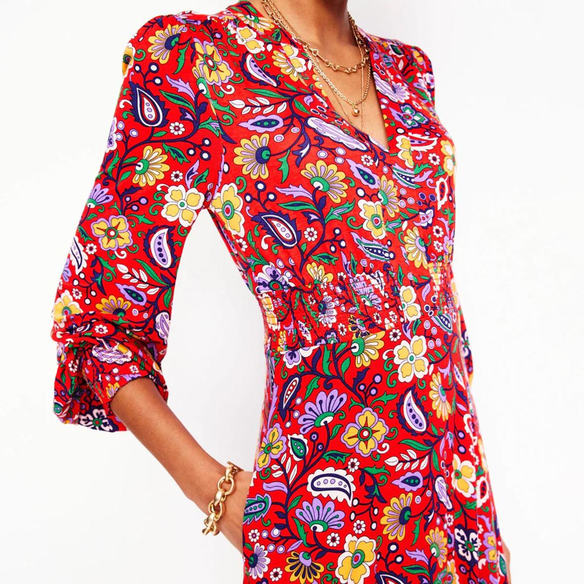 Boden Red/Multi Ivy Smocked Midi Dress - BrandAlley Boden Red/Multi Ivy Smocked Midi Dress - BrandAlley
