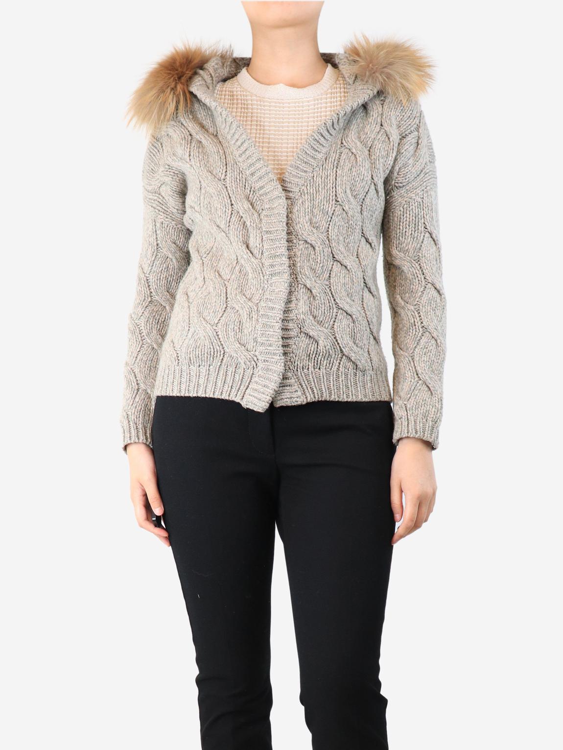 Green chunky knit cardigan with fluffy hood main product photo