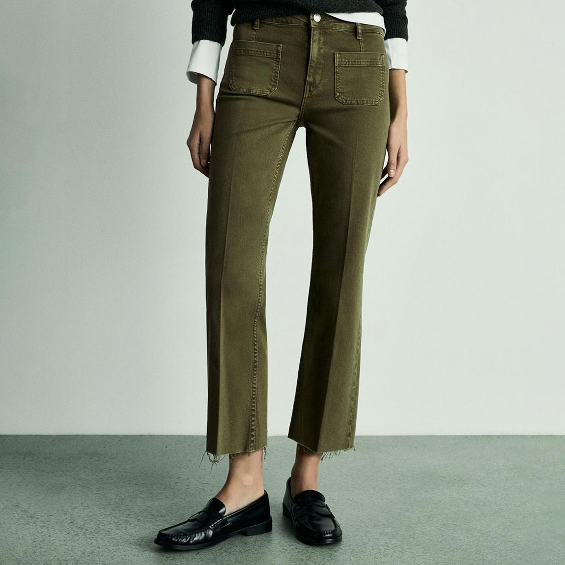 Khaki Flared Cropped Jeans With Pockets main product photo