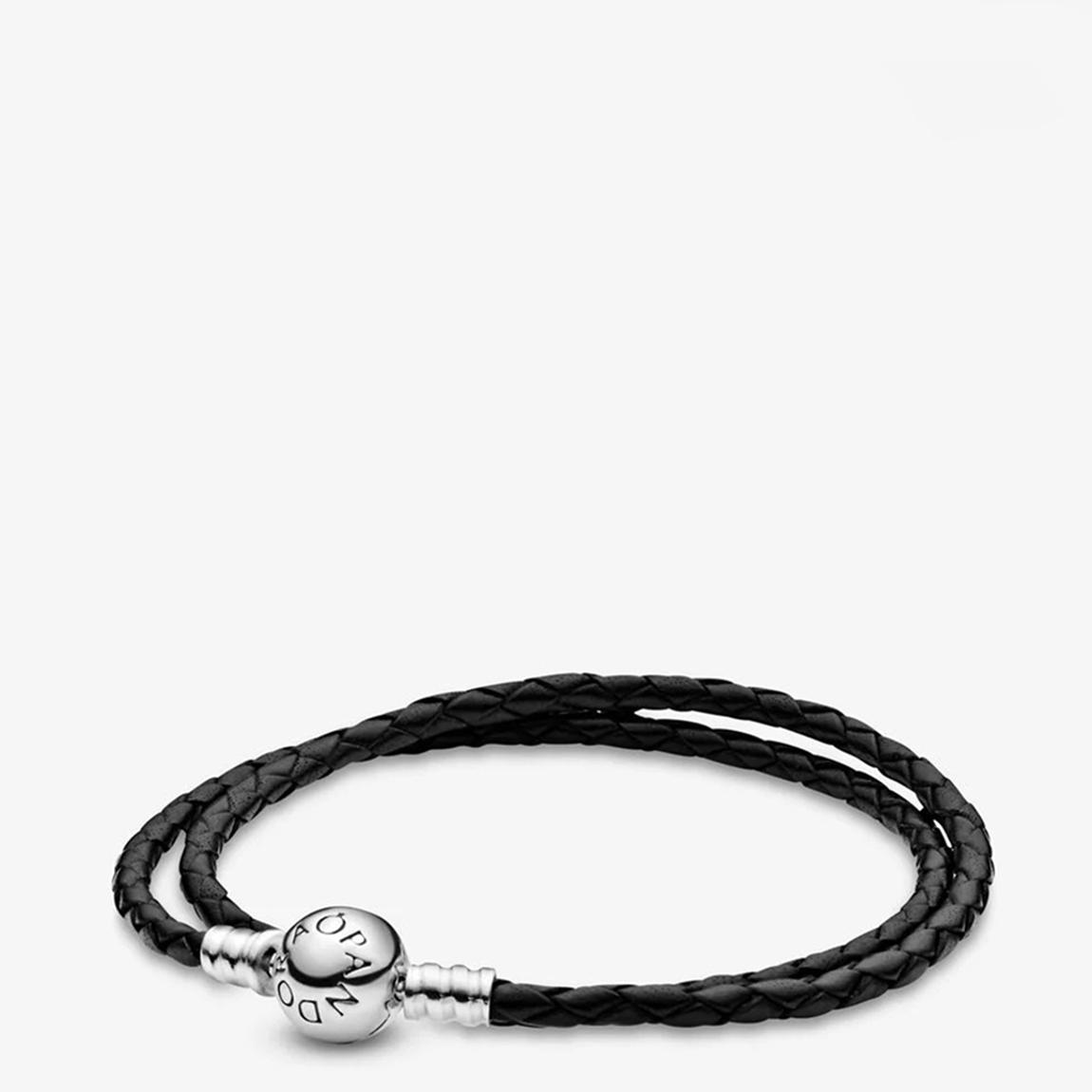 Sterling Silver Double Black Leather Bracelet 35cm main product photo