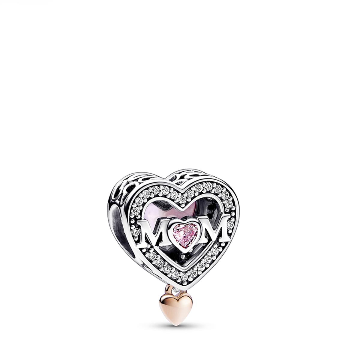 Sterling Silver & Pink Cubic Zirconia Two-Tone Openwork Mum & Heart Charm main product photo