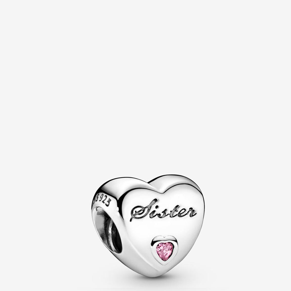 Sterling Silver & Pink Cubic Zirconia Sister Heart Charm
 main product photo