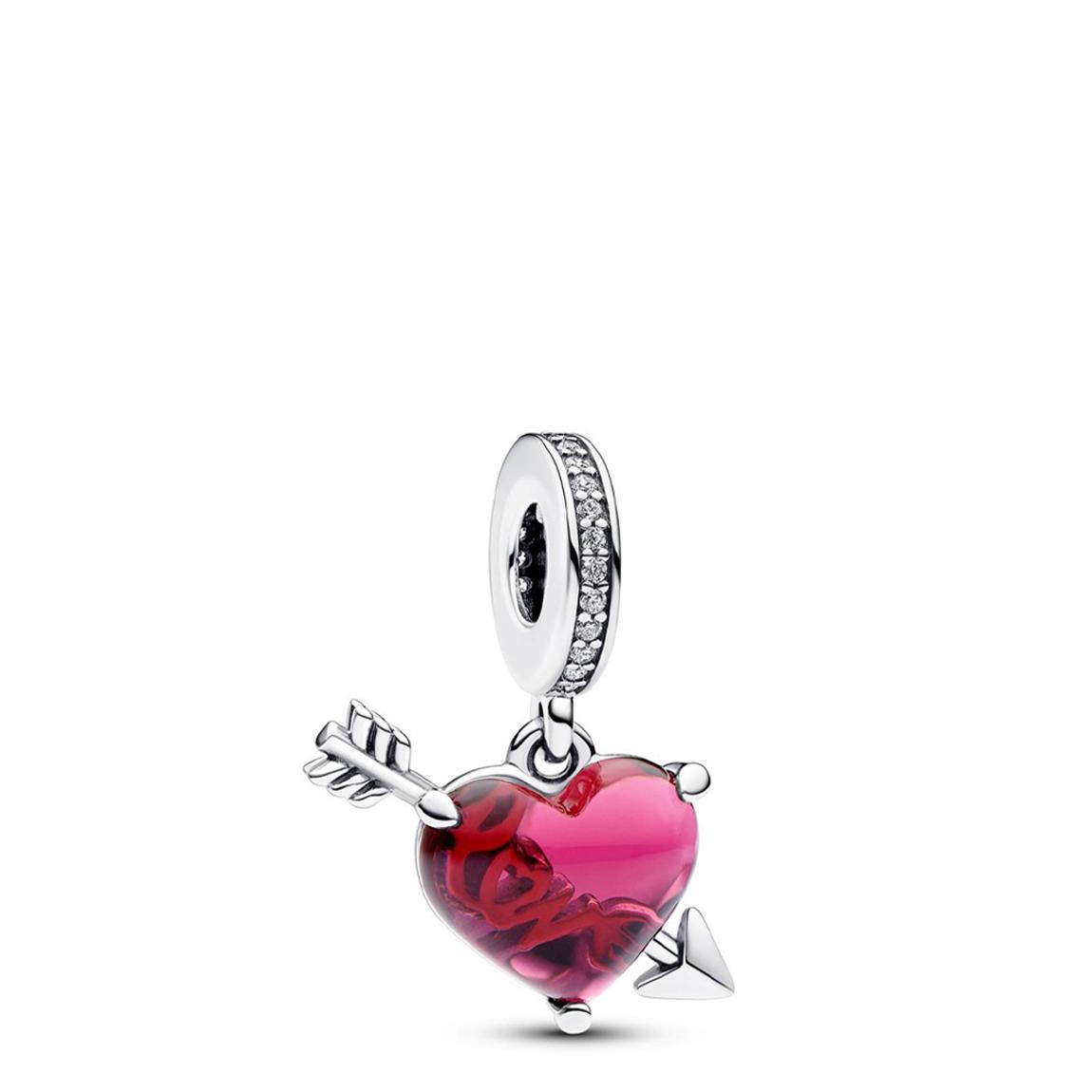Sterling Silver Red Heart & Arrow Murano Glass Dangle Charm main product photo
