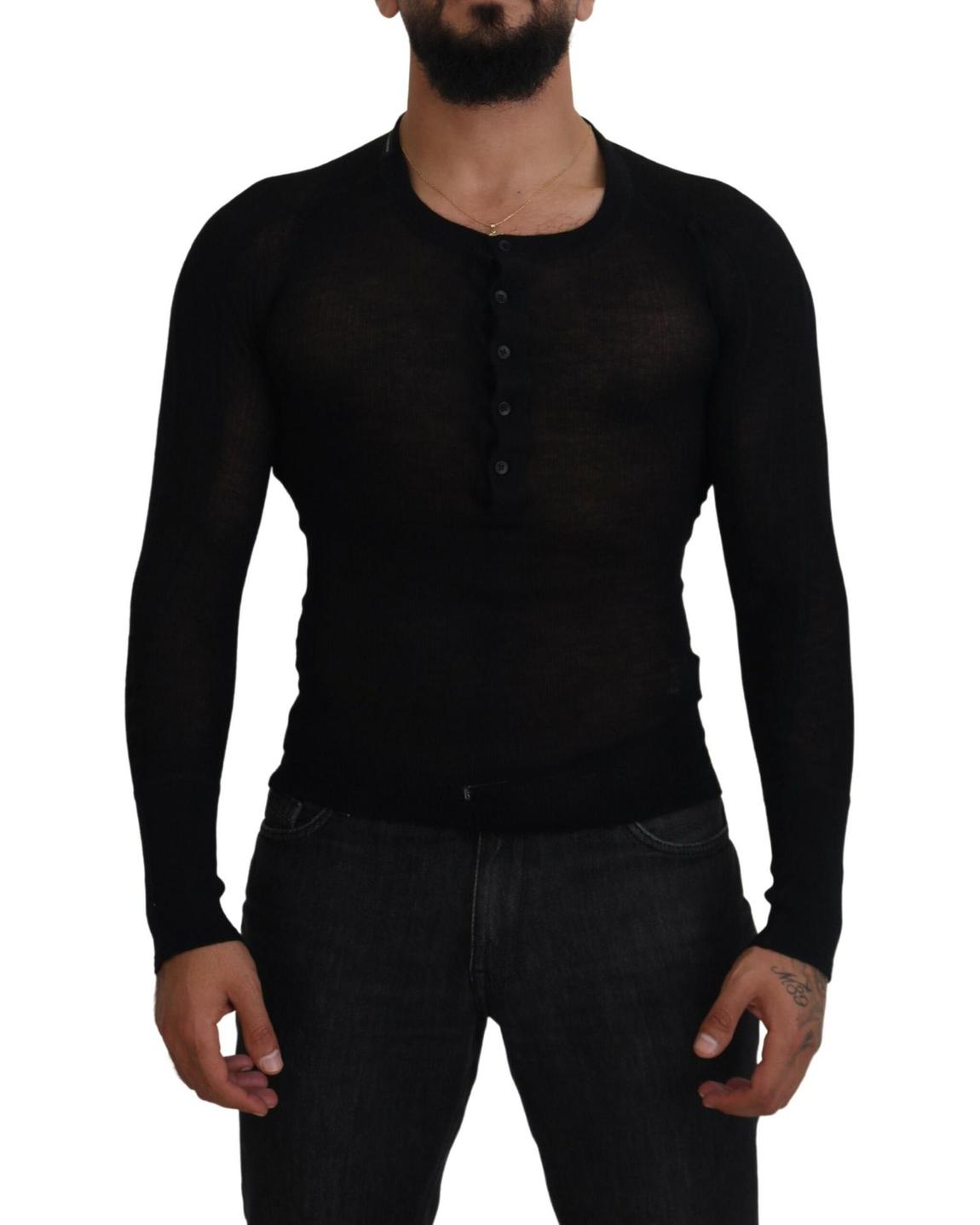 Dolce & Gabbana Henley Neck Knit Sweater Long Sleeve- Black