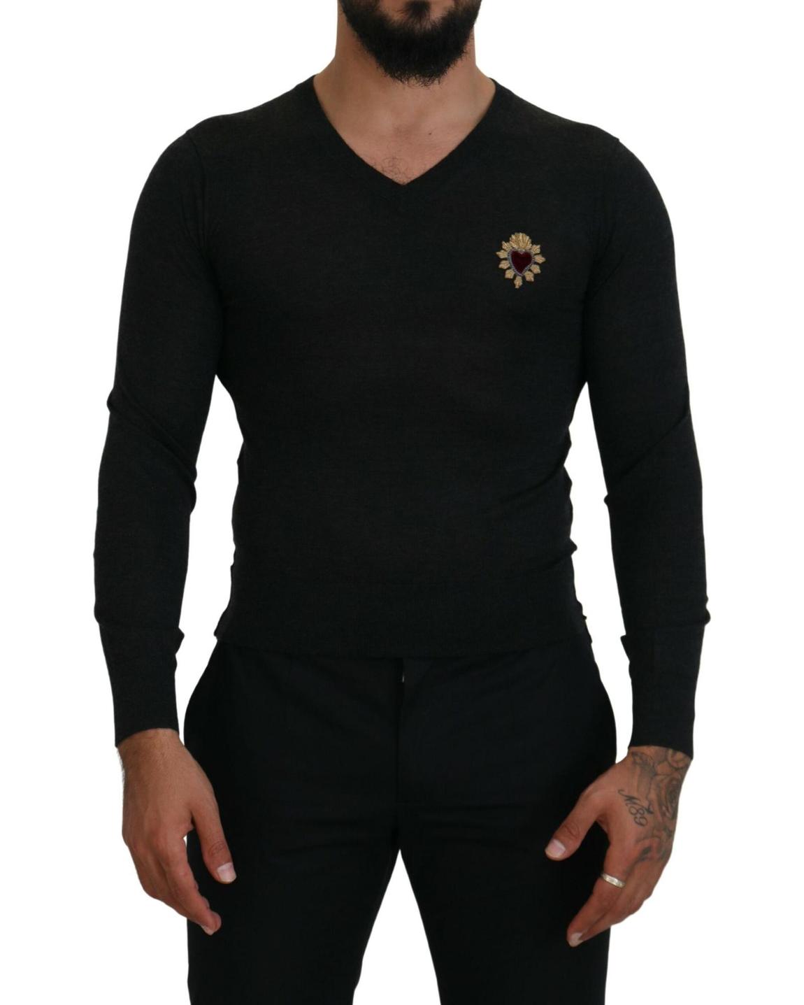 VNeck Sweater Sacred Heart Appliqu- Gray main product photo