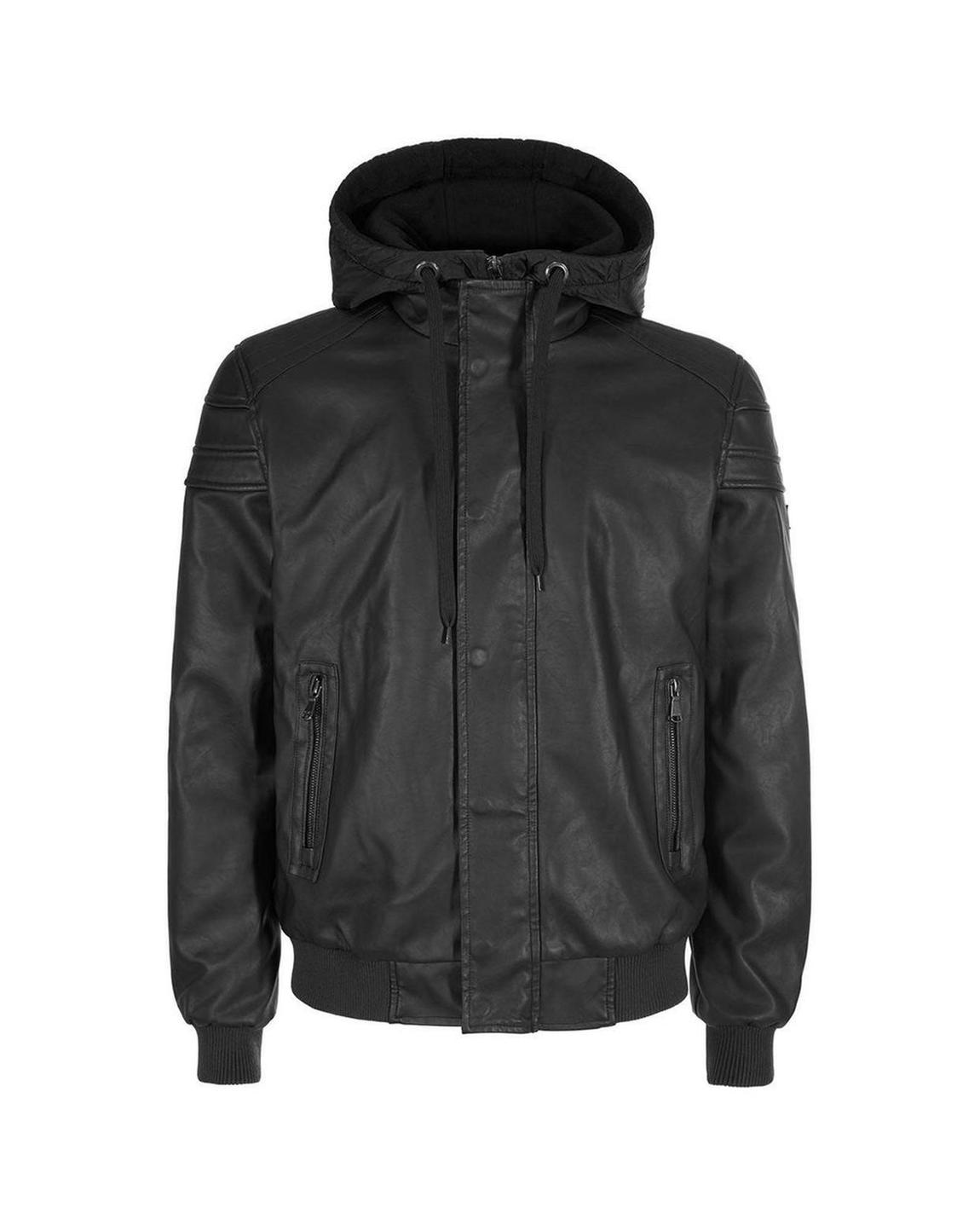 Faux Leather Hooded Jacket YE13676 - Black main product photo