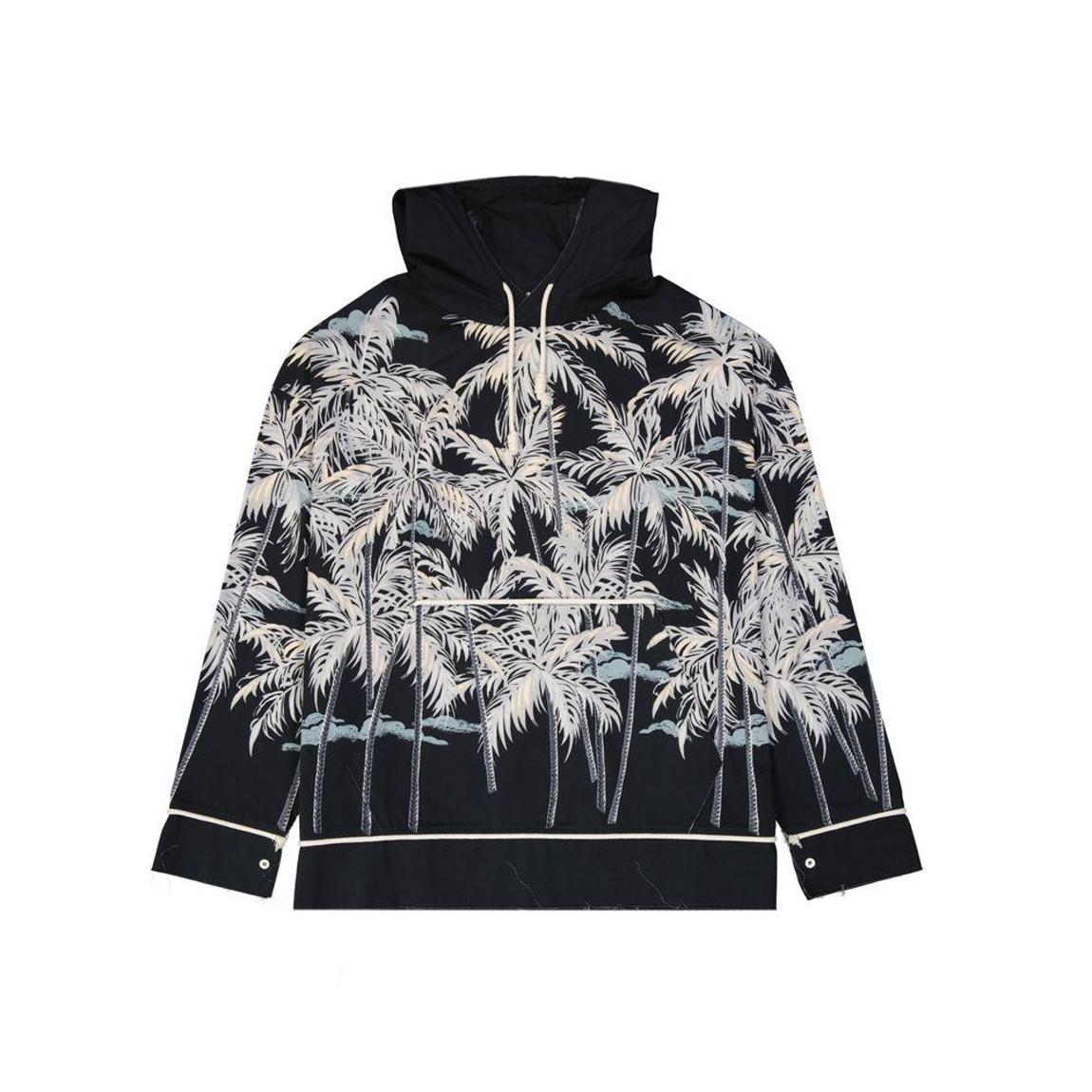Hooded Cotton Shirt with Palm Print and Kangaroo Pocket - Black main product photo