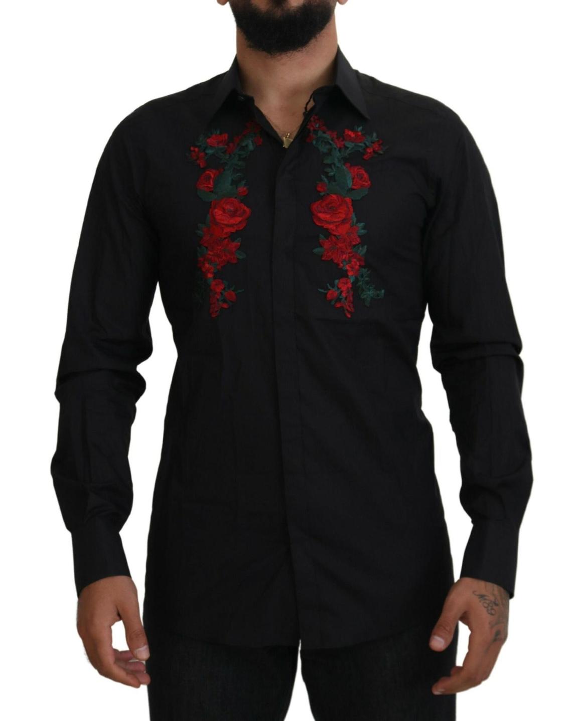 Floral Embroidered Dress Shirt - Black main product photo