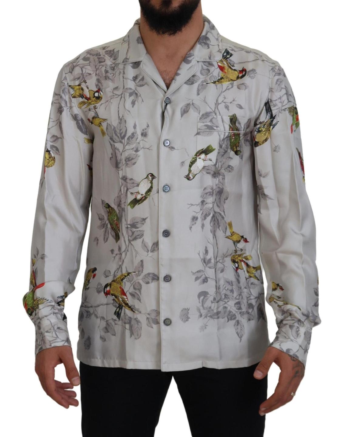 Bird Print Silk Shirt Long Sleeve - White main product photo