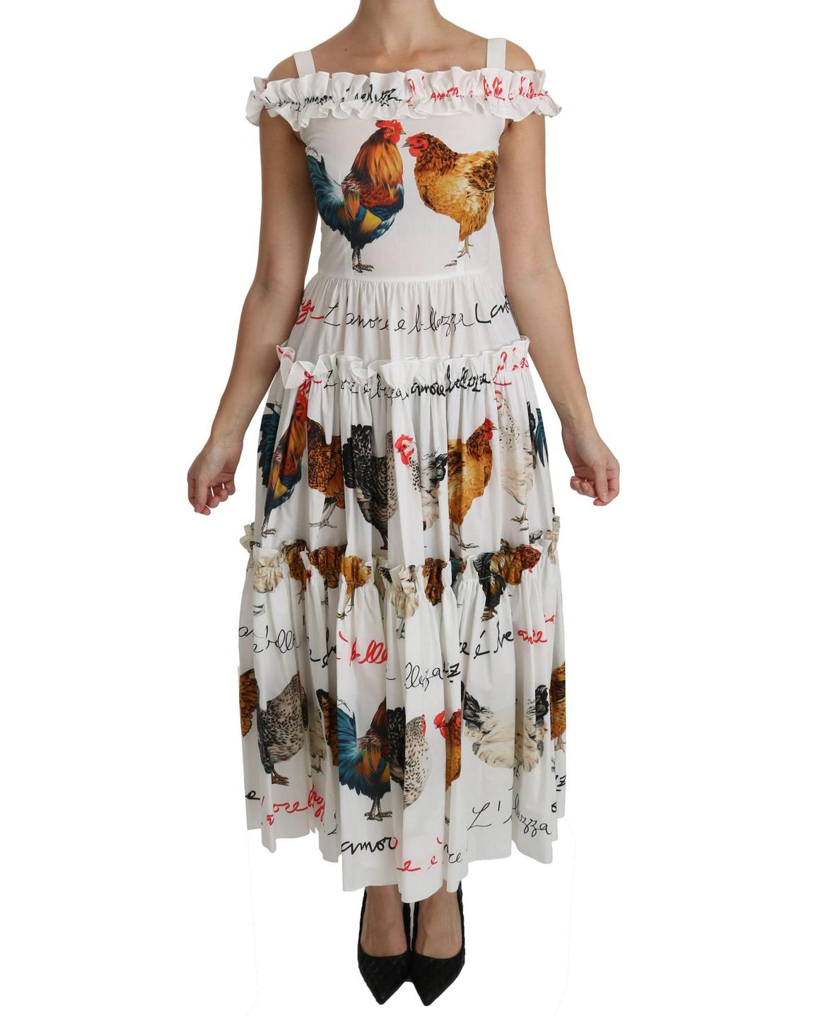 Chicken Print Midi Dress Ruffled Tiered Dress Wo - White Dresses main product photo