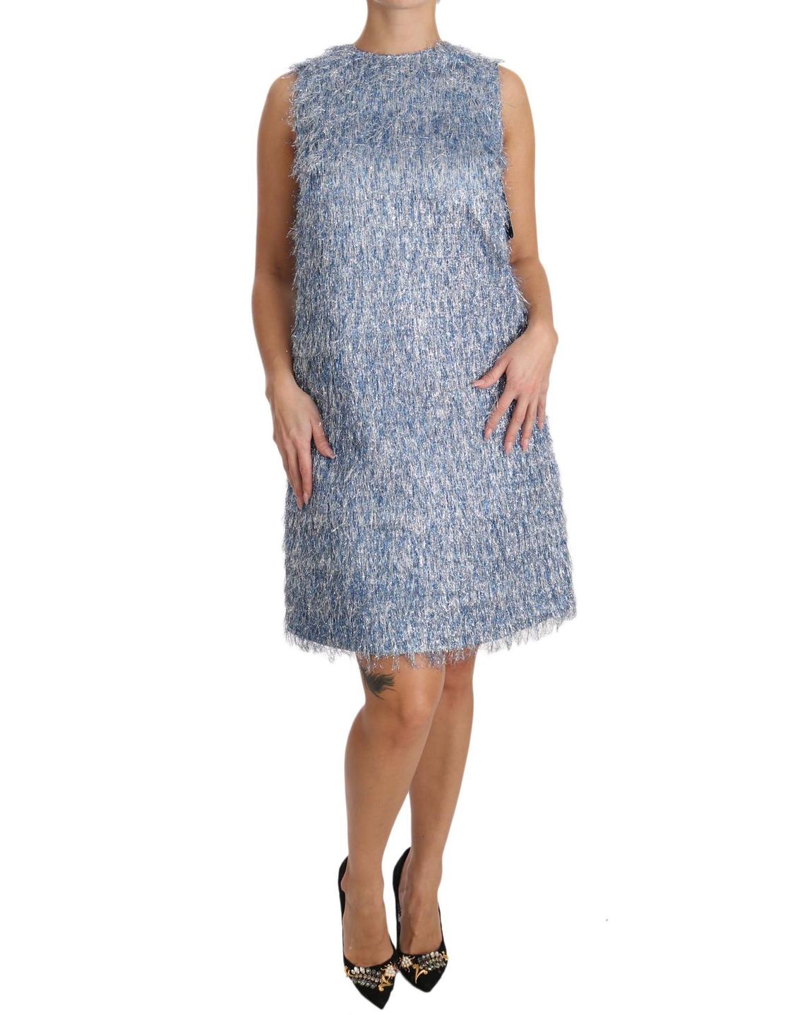 Metallic Fringe Mini Dress Sleeveless ALine Wo - Light Blue Dresses main product photo