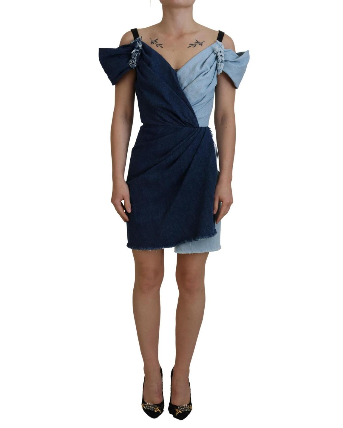 Denim Mini Dress TwoTone Wrap Style Wo - Blue Dresses main product photo