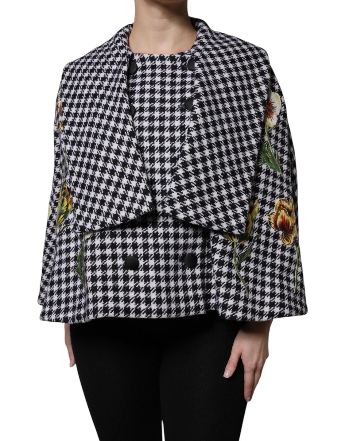 Houndstooth Floral Embroidered Coat Wo - Black And White Jackets main product photo