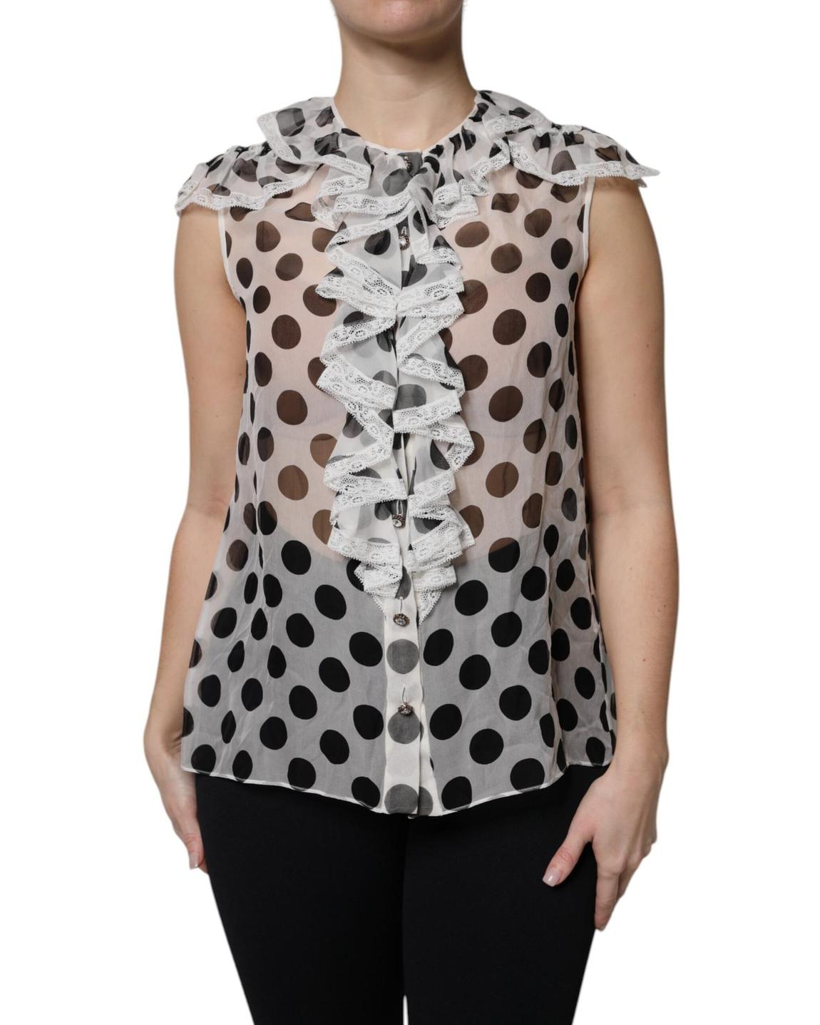 Polka Dot Silk Blouse Ruffled Neckline Wo - Black And White main product photo