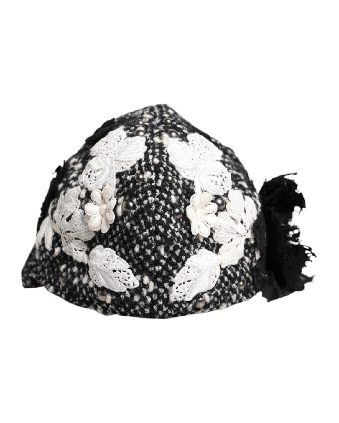 Embroidered Tweed Hat with Lace - Black And White main product photo