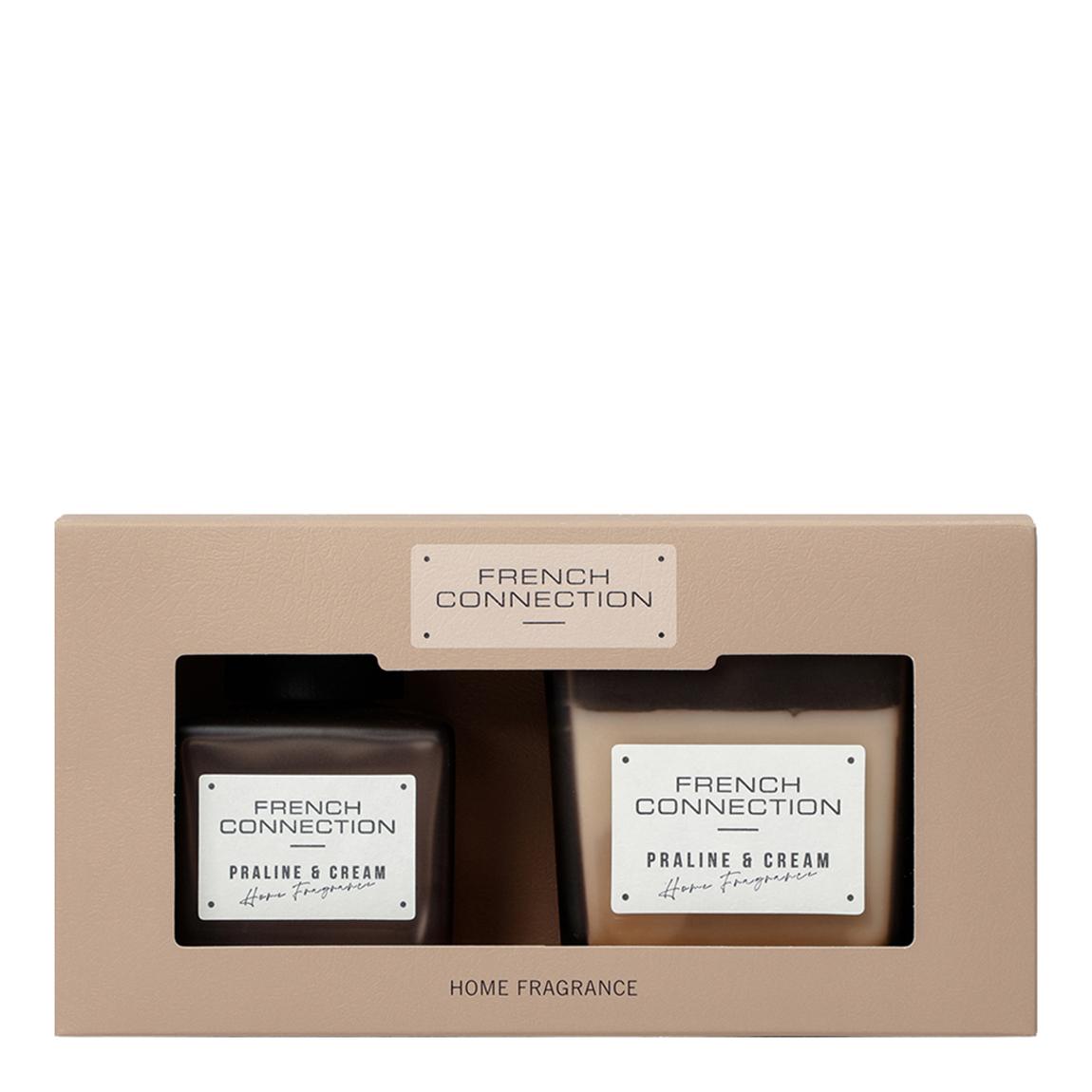 French Connection Square range Praline & Cream 200G Candle and 100ML Reed Diffuser Gift Set main product photo