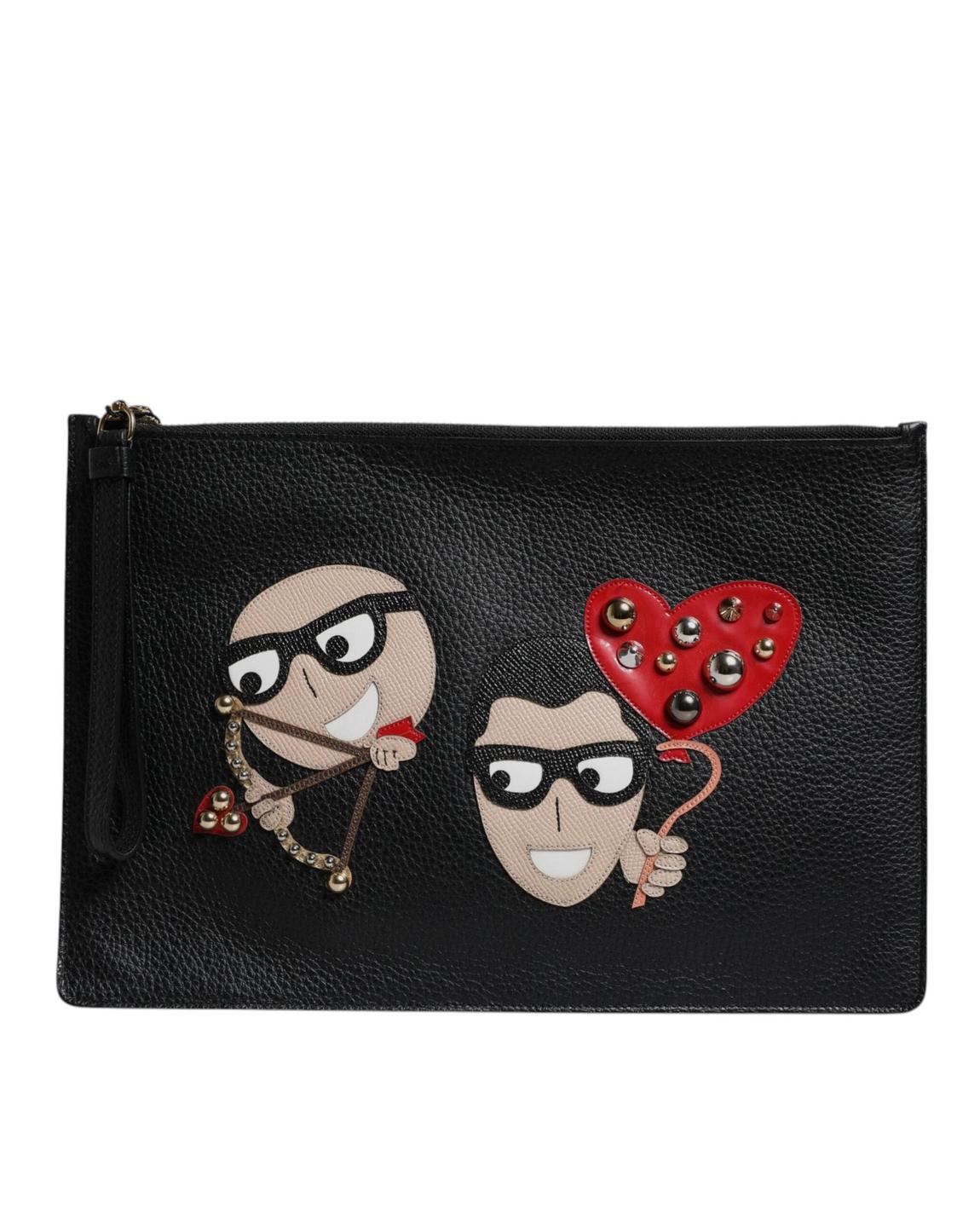 Leather Clutch with Appliqus Wo - Black Clutch Bags main product photo