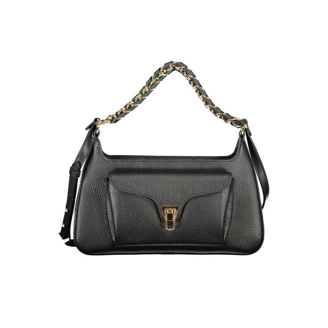 Leather Handbag with Gold-Tone Hardware and Top Handles Wo - Black main product photo