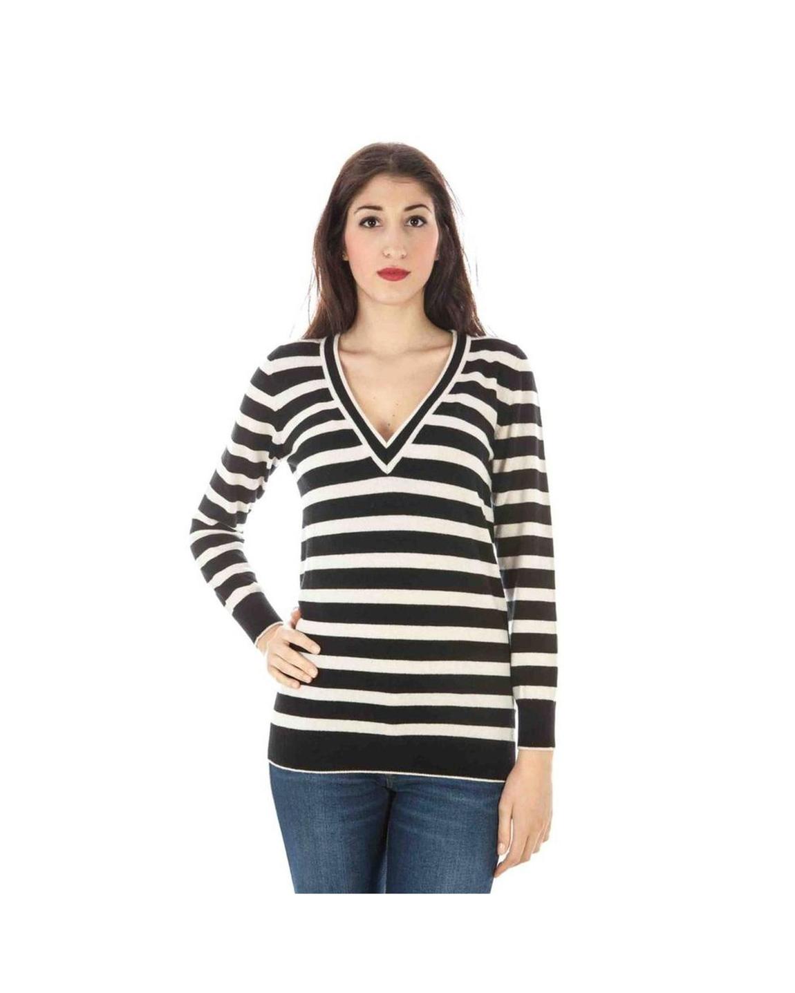Striped VNeck Merino Wool Sweater Wo - Black main product photo