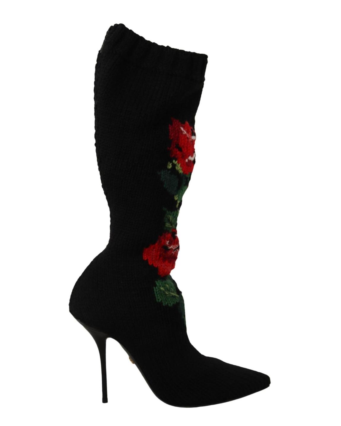 Floral Embroidered Knit Boots Wo - Black main product photo