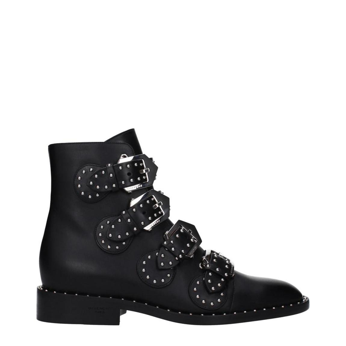 Leather Ankle Boots with Studs and Buckle Closure Wo - Black main product photo