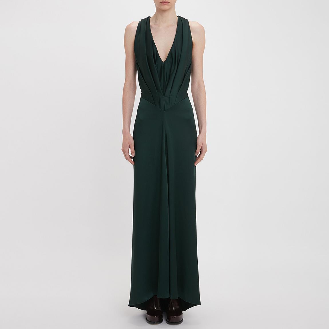 Dark Green V-Neck Gathered Floor-Length Dress main product photo