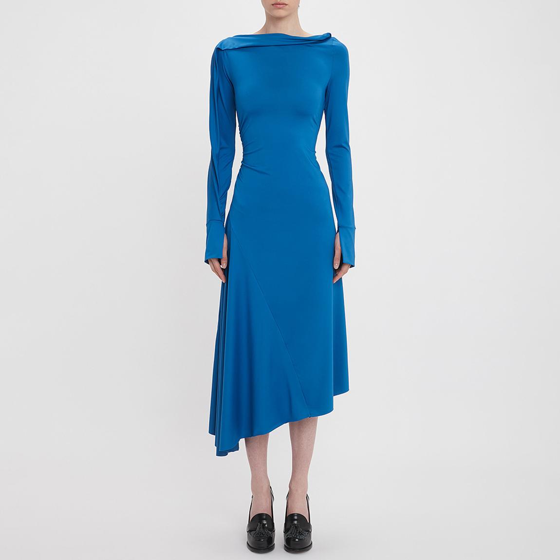 Ocean Blue Long Sleeve Draped Jersey Midi Dress main product photo