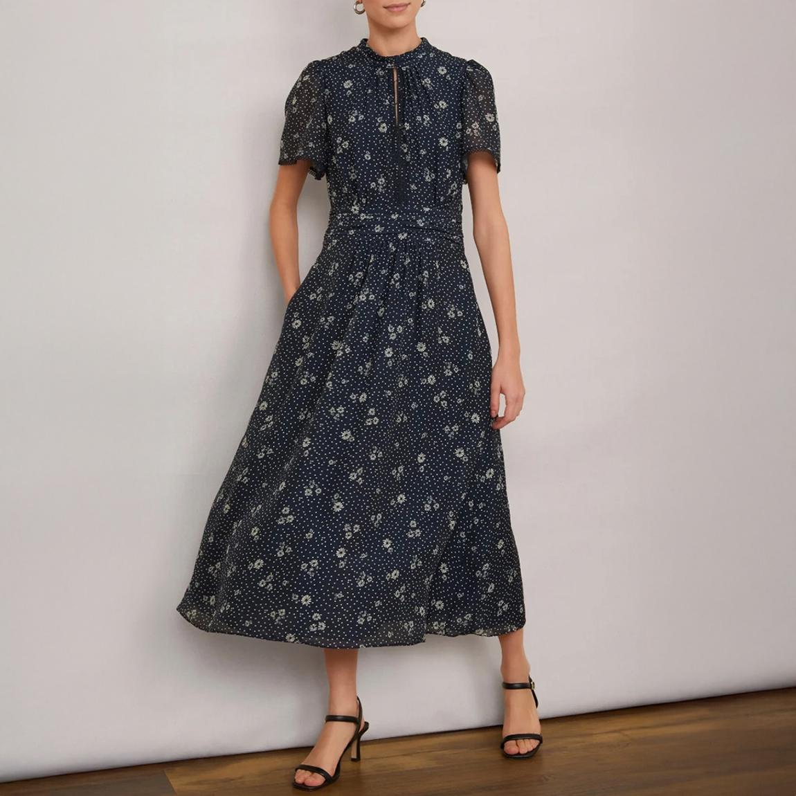 Navy Ditsy Floral Arabella Silk Midi Dress main product photo