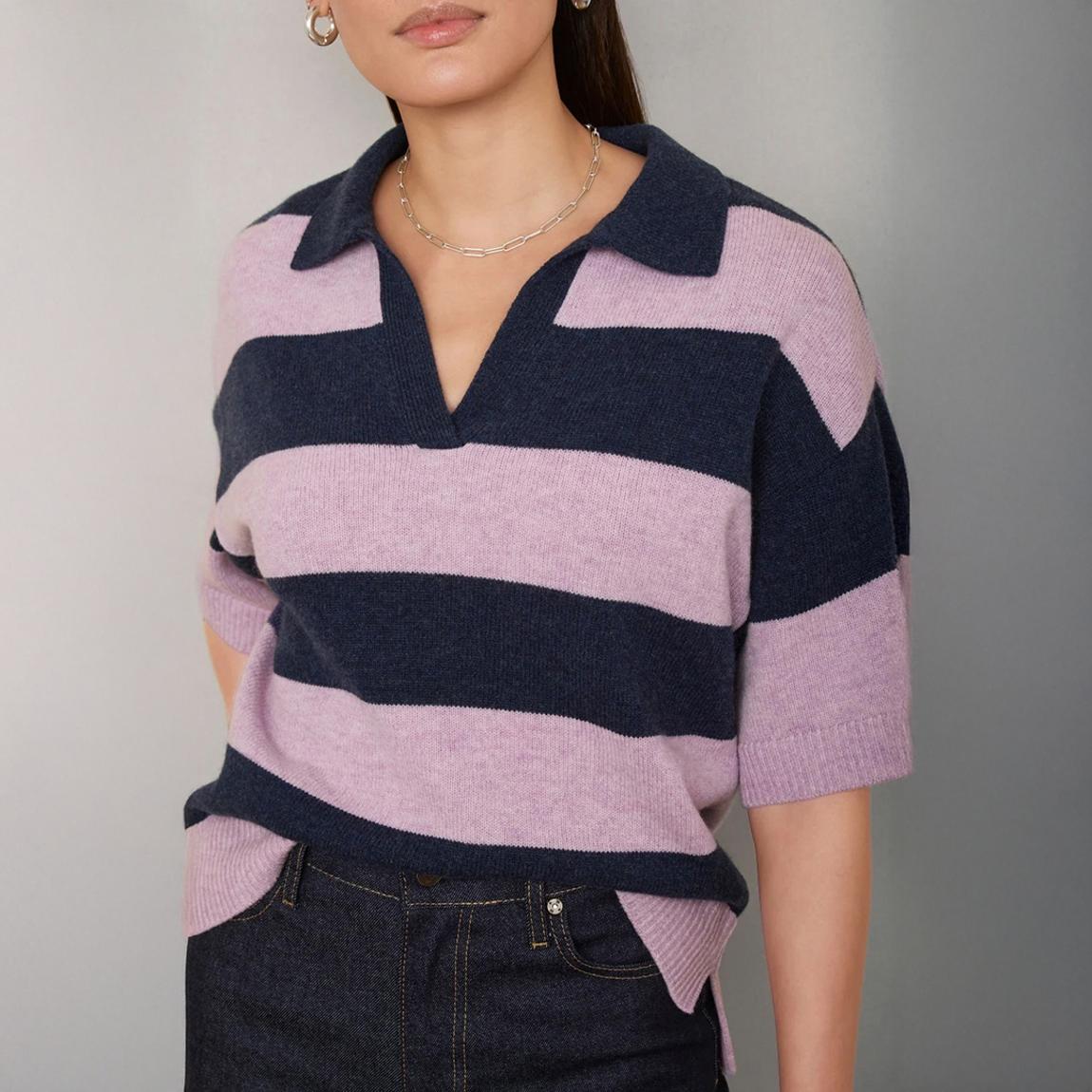 Mauve/ Navy DB X Wyse Stripe Merino Wool Polo Jumper main product photo