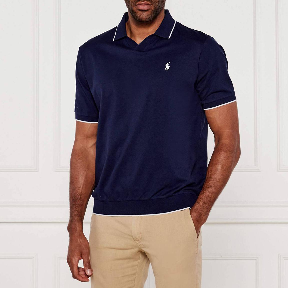 Navy Tipped V-Neck Cotton Polo Shirt main product photo