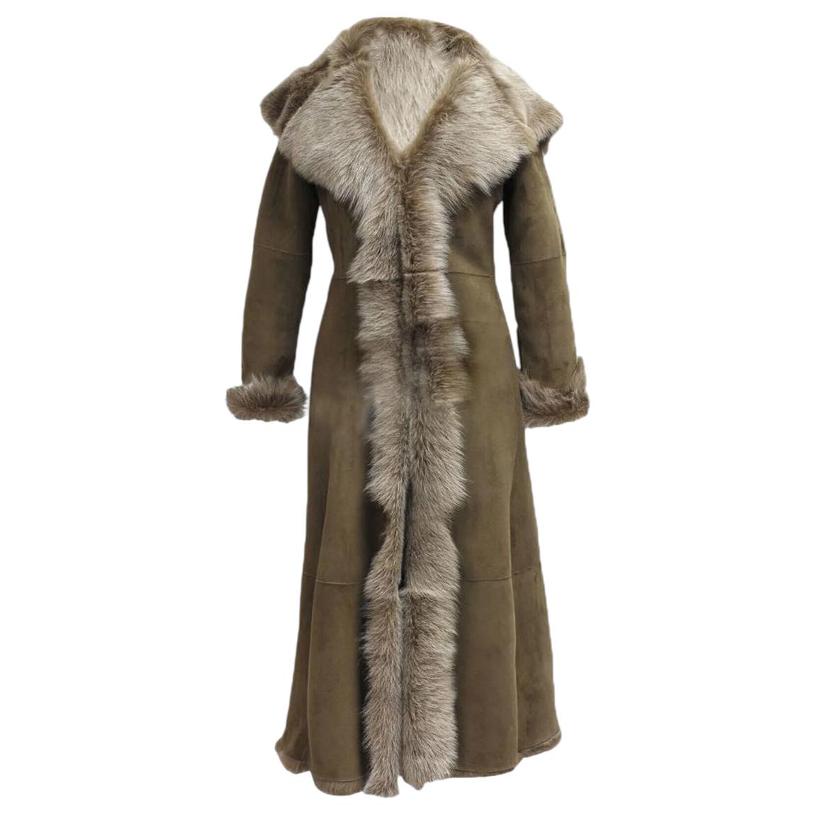 Womens Beaver Tan Suede Toscana Sheepskin Hooded Trench Coat-Fribourg main product photo