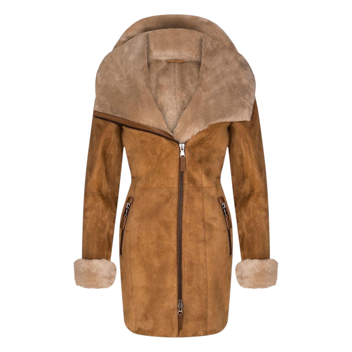 Womens Tan Suede Merino Sheepskin Hooded Coat-Ryde main product photo