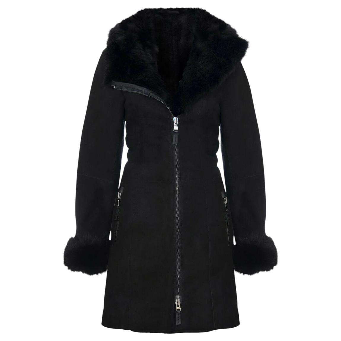 Ladies Black Suede Merino Hooded Sheepskin Coat-Ringwood main product photo