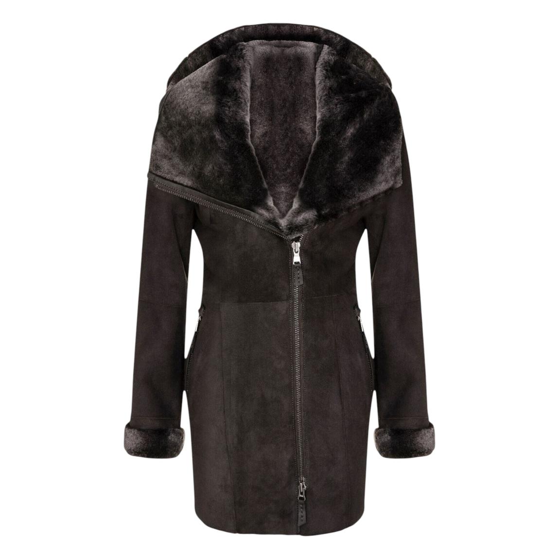 Womens Brown Suede Merino Sheepskin Hooded Coat-Ryde main product photo