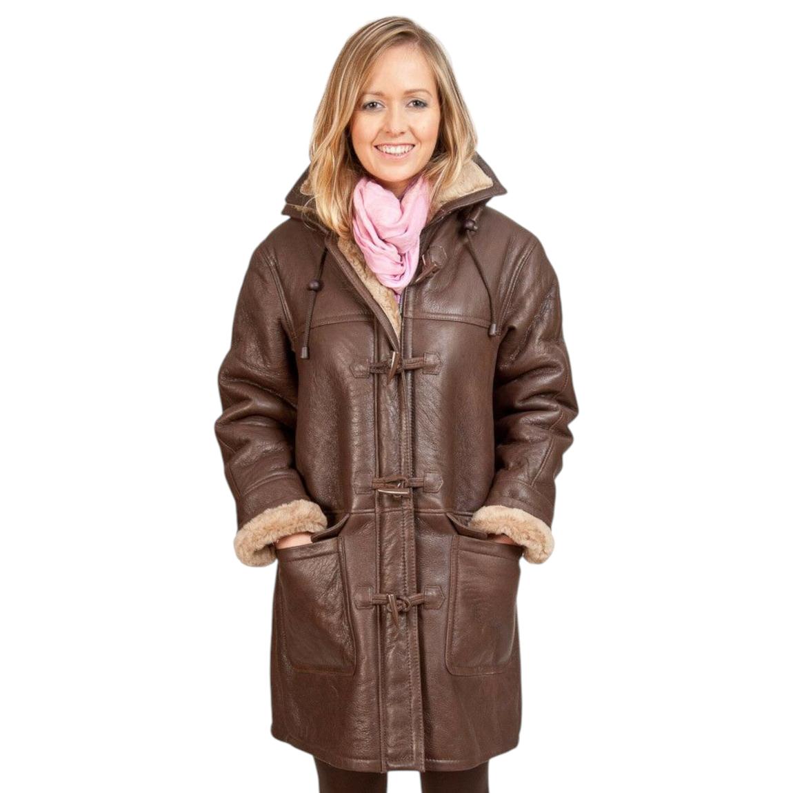 Womens Brown Shearling Hooded Duffle Coat-Rugby main product photo