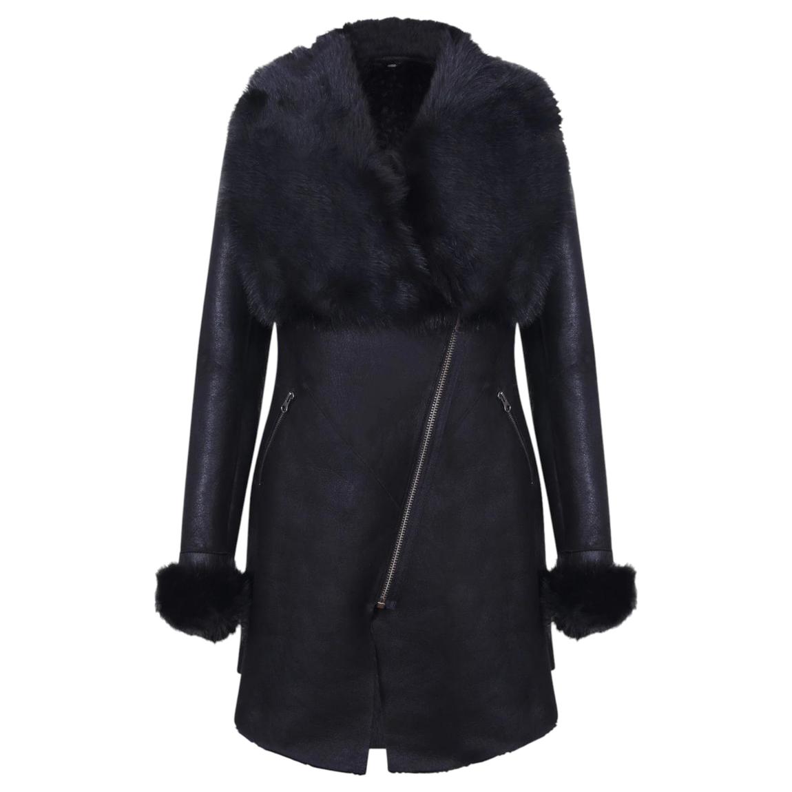 Womens Black Merino Shearling Toscana Coat-Romford main product photo